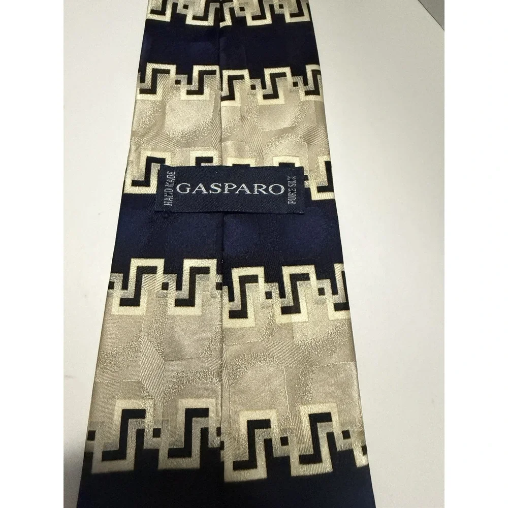 Gasparo Mens Silk Tie Navy Blue Silver Geometric Greek Key Handmade Necktie
